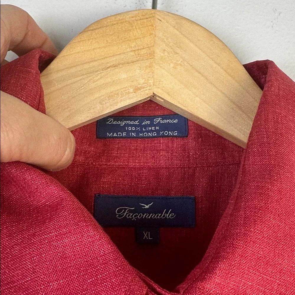 Faconnable !00% Linen Red Button Down Shirt Long Sleeve Collared Hong Kong XL - Picture 15 of 16